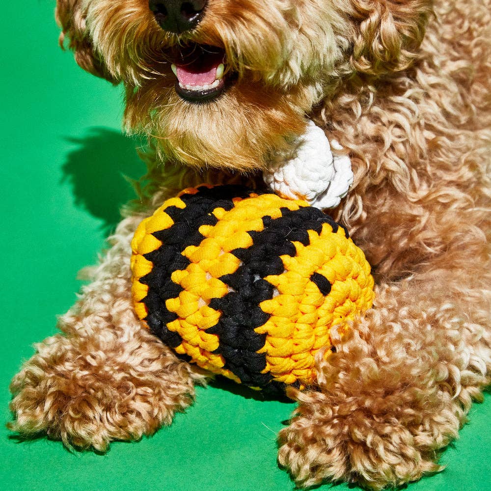 Bumblebee soft plush toy with squeaker, yellow and black stripes, available from stitch + tail