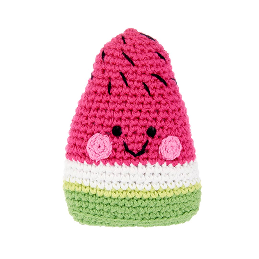 Watermelon soft plush toy with squeaker, red fruit center and green rind design, sold by stitch + tail