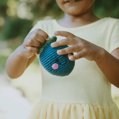 Blueberry soft plush toy with squeaker, round blue fruit design with leafy top, sold by stitch + tail
