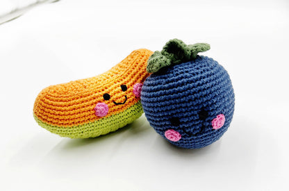 Blueberry soft plush toy with squeaker, round blue fruit design with leafy top, sold by stitch + tail