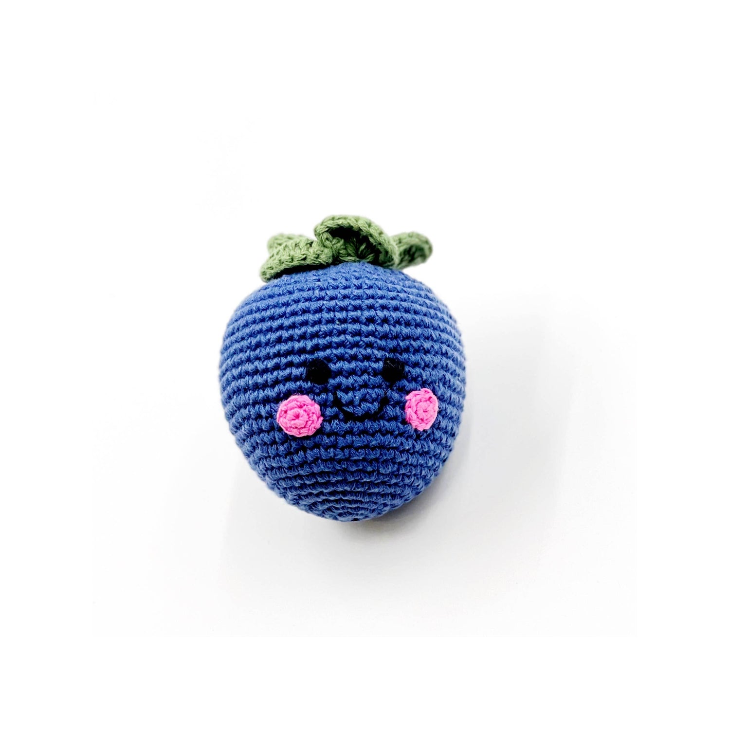 Blueberry soft plush toy with squeaker, round blue fruit design with leafy top, sold by stitch + tail