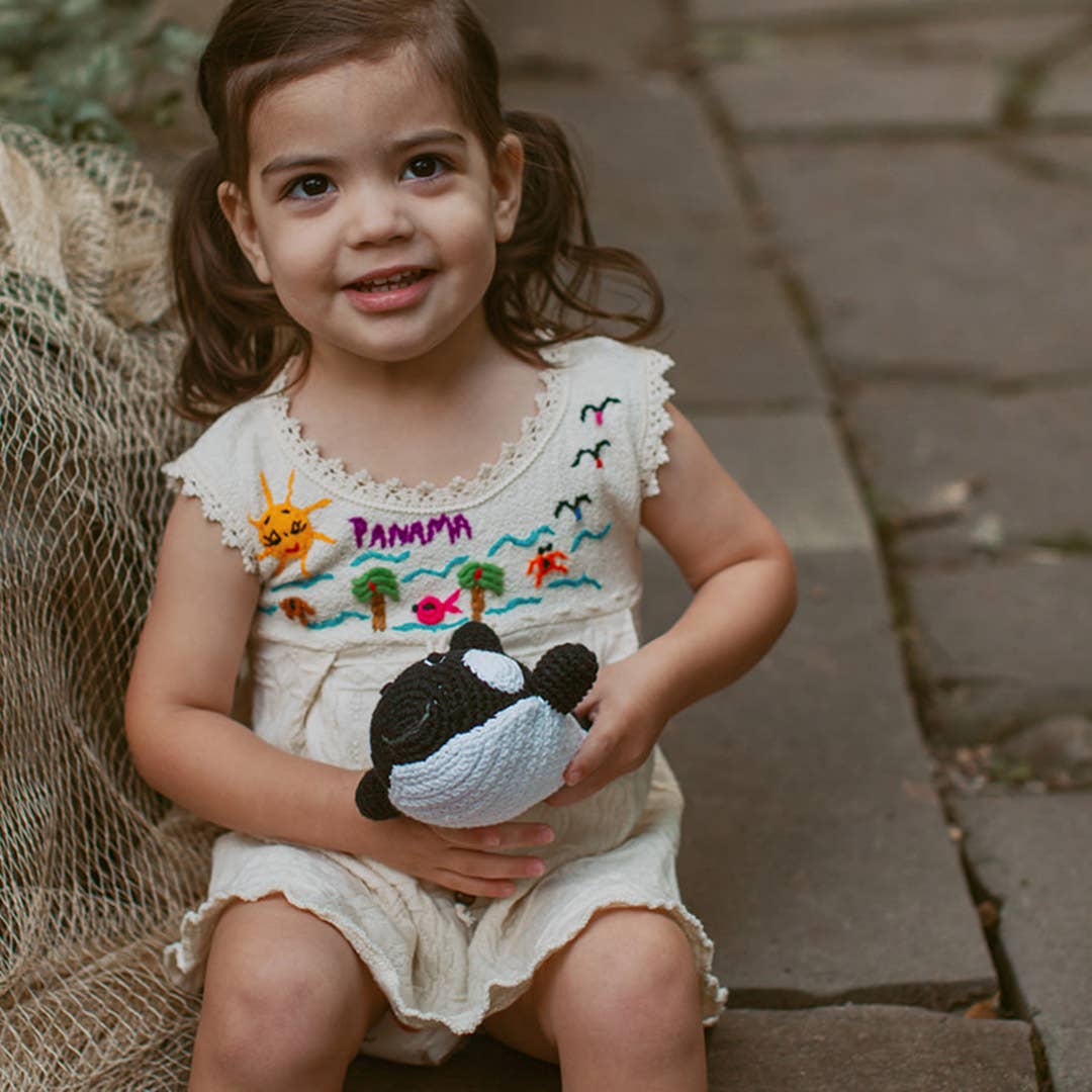 Orca soft plush toy with squeaker, black and white whale design, sold by stitch + tail