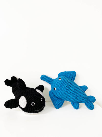 Orca soft plush toy with squeaker, black and white whale design, sold by stitch + tail