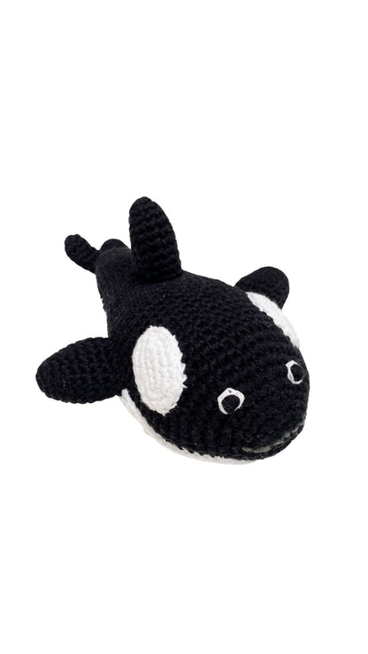Orca soft plush toy with squeaker, black and white whale design, sold by stitch + tail
