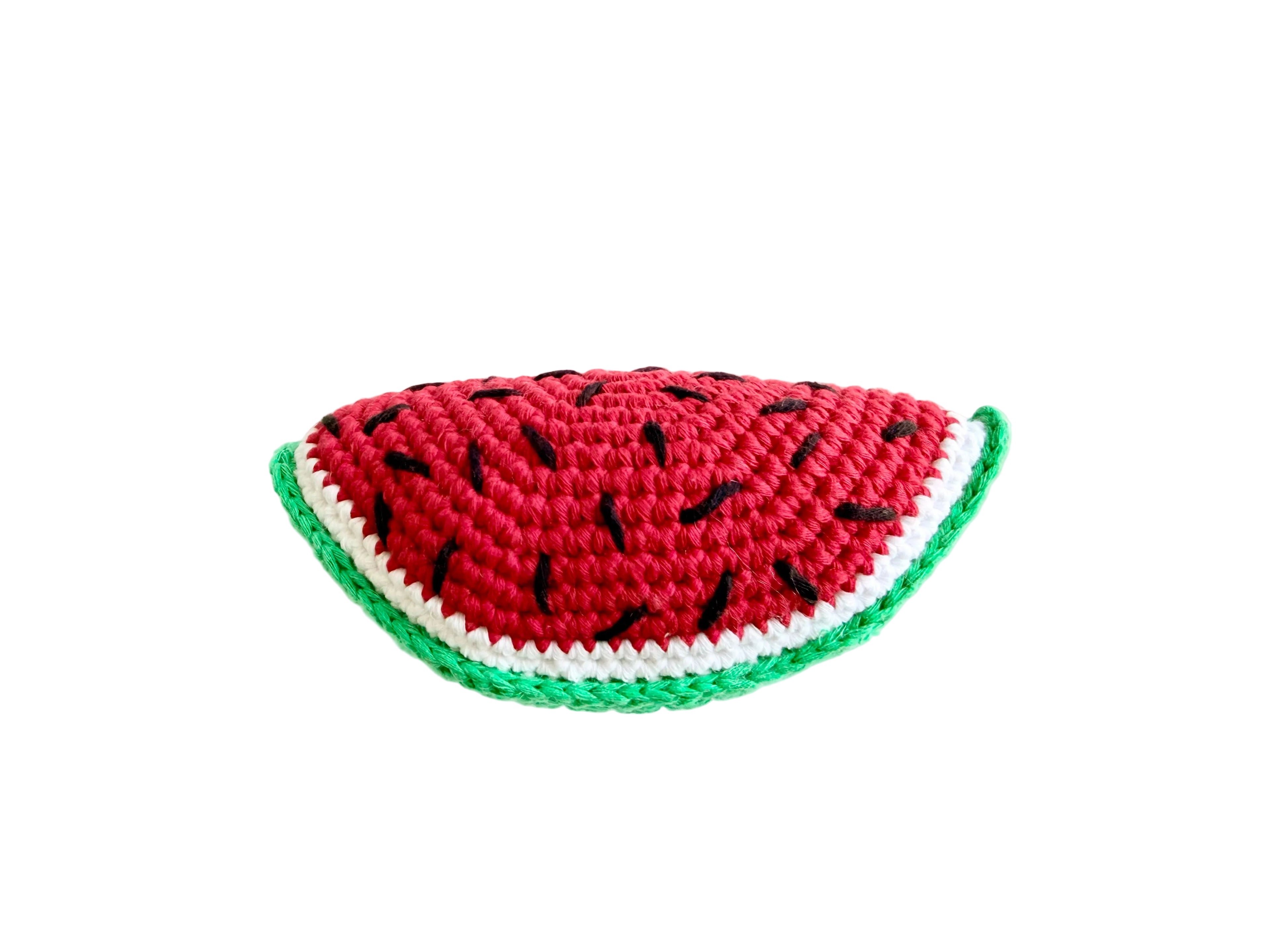 Watermelon soft plush toy with squeaker, red fruit center and green rind design, sold by stitch + tail