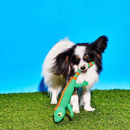 Lizard soft plush toy with squeaker, long reptile body design for dog play, sold by stitch + tail