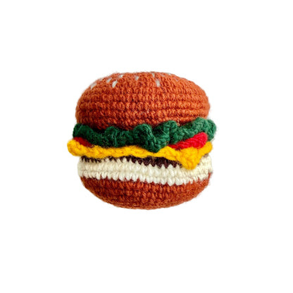Cheeseburger soft plush toy with squeaker, burger design with bun and toppings, sold by stitch + tail