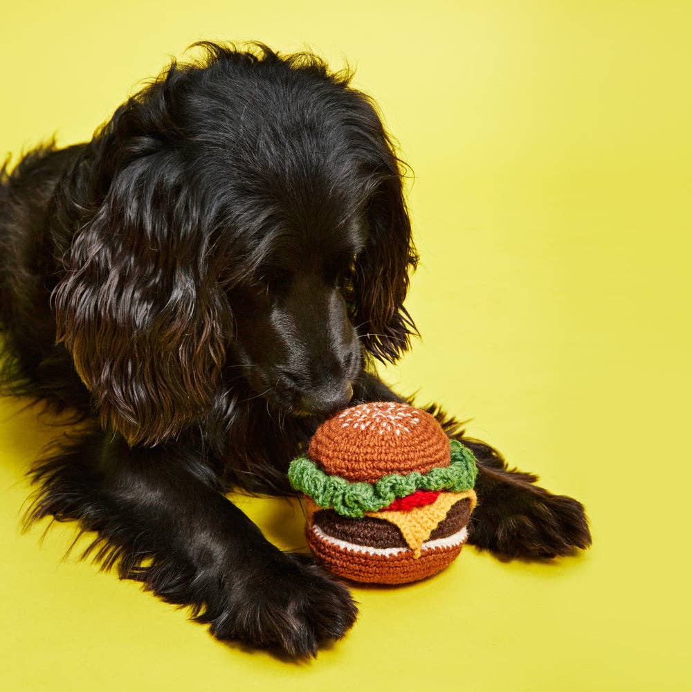 Cheeseburger soft plush toy with squeaker, burger design with bun and toppings, sold by stitch + tail